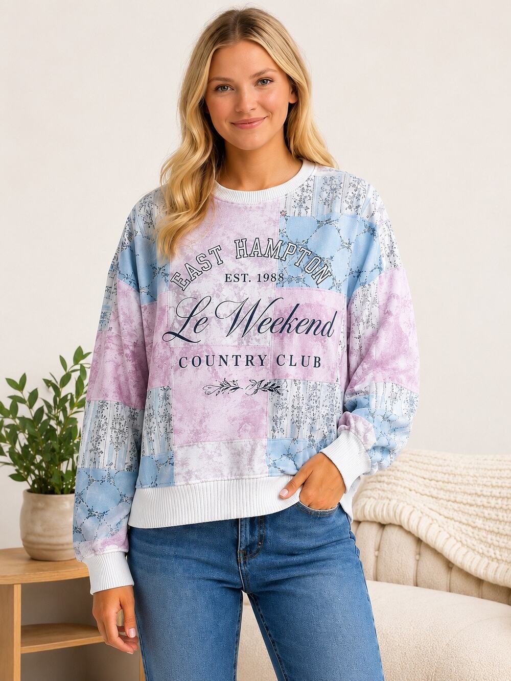 Vinyl Icons Le Weekend Country Club Patchwork Sweatshirt Small NWT
